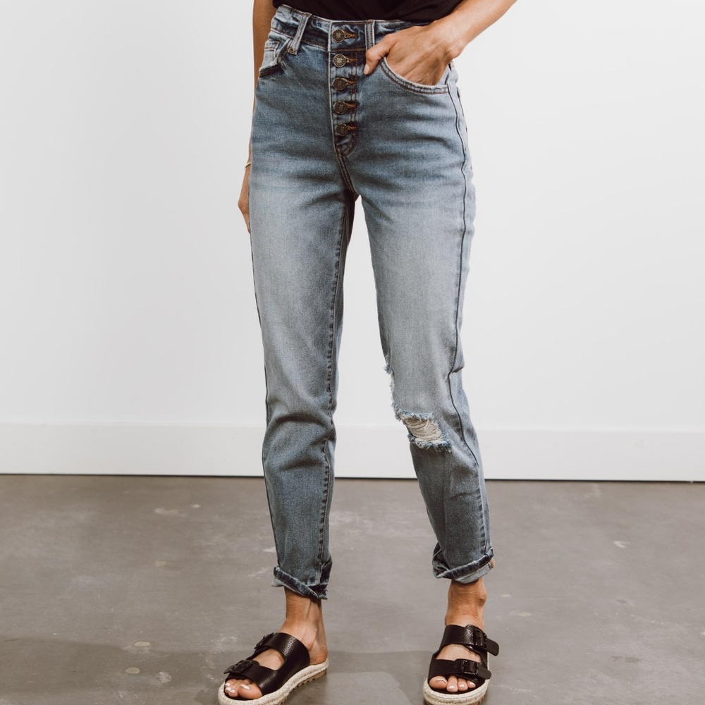 NEW-button and roll up distressed mom jeans